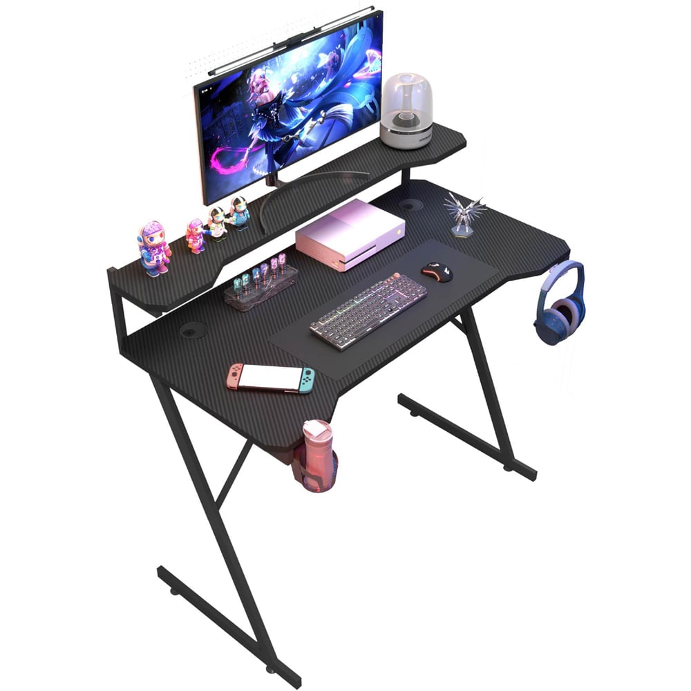 House of Home Carbon Fibre Top Computer Gaming Desk with Monitor Stand Black Image 2