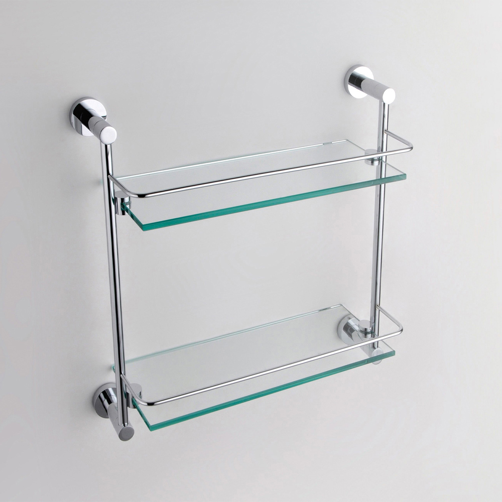 Nes Home 2 Shelf Clear Glass Bathroom Rack with Round Chrome Brackets Image 2
