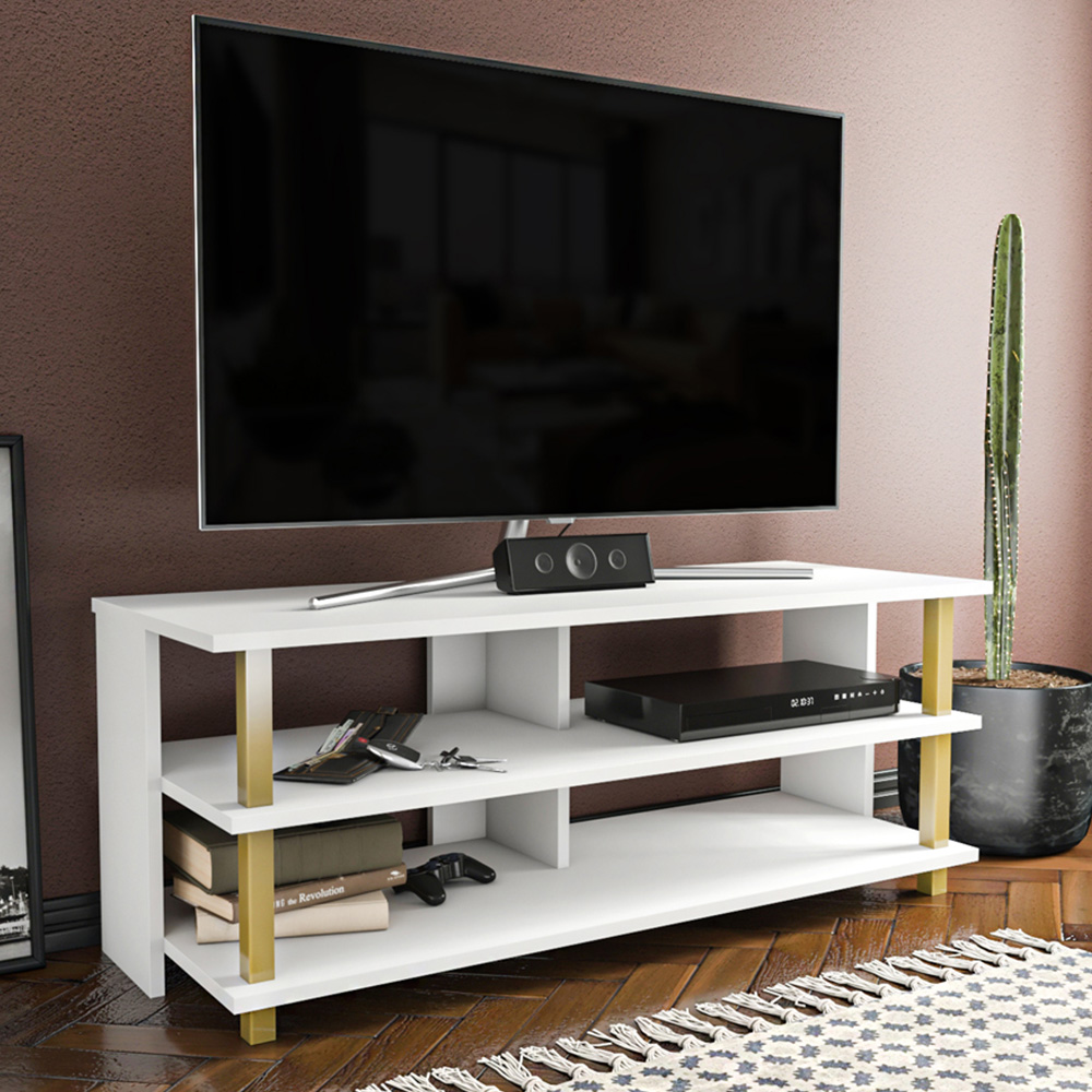 Decorotika Pueblo 4 Open Shelf Gold and White Wide TV Unit Image 6