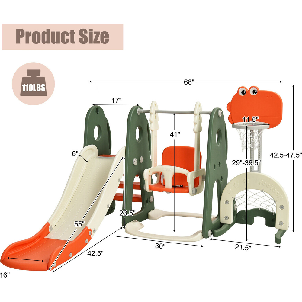 Costway Kids Orange 6 in 1 Slide and Swing Set with Adjustable Basketball Hoop Image 8
