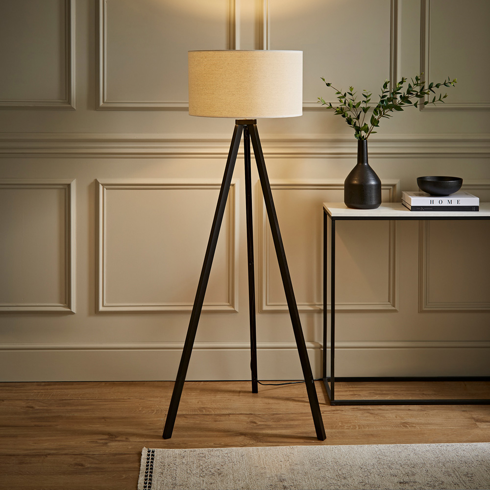ValueLights Barbro White Trim Drum Shade Black Tripod Floor Lamp and Bulb Image 2