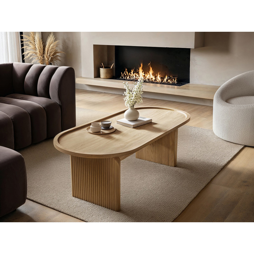 SOLACE+CO Varm Oak Ribbed Wooden Oval Coffee Table Image 4