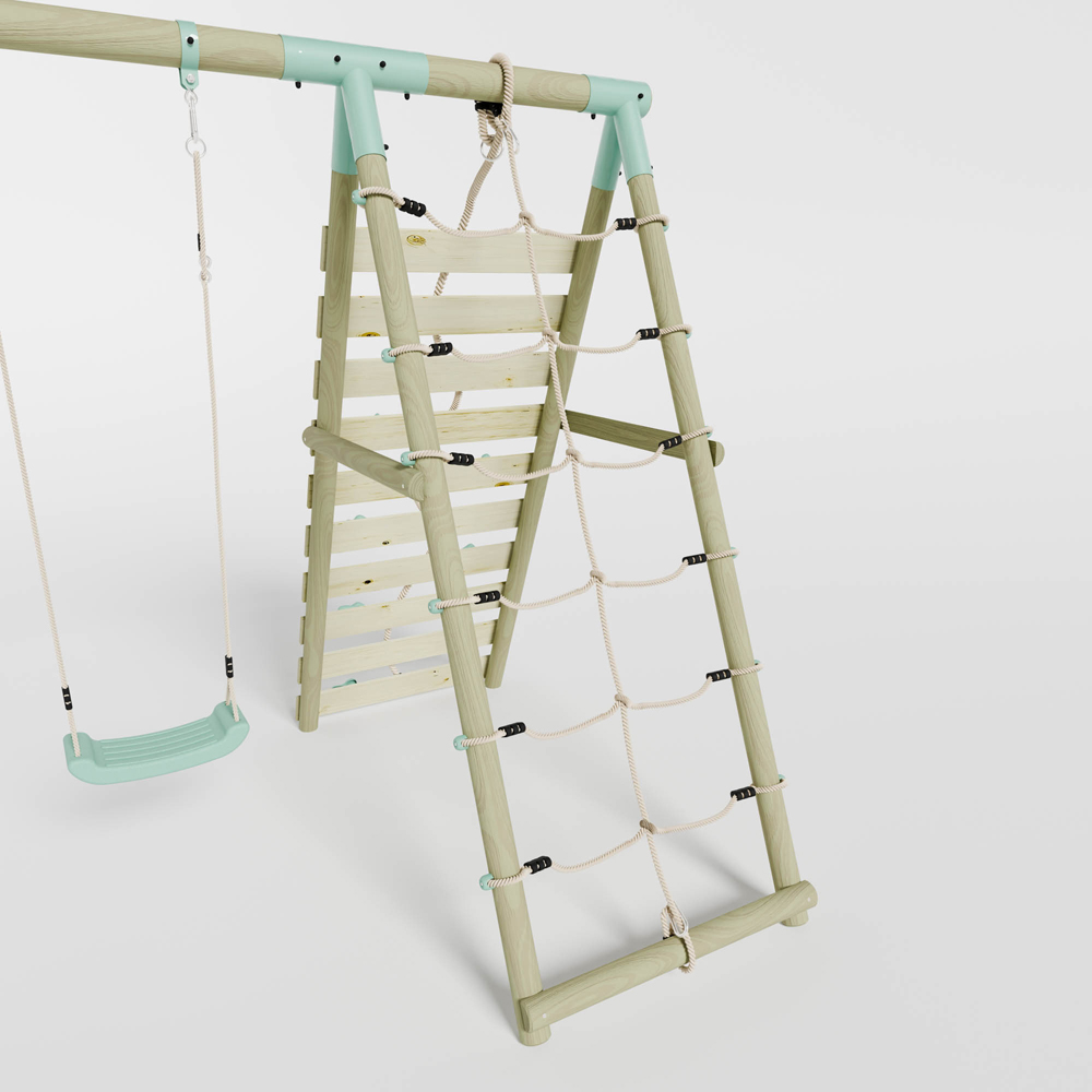 Mercia Wooden Round Pole Double Swing Set with Climbing Wall Image 7