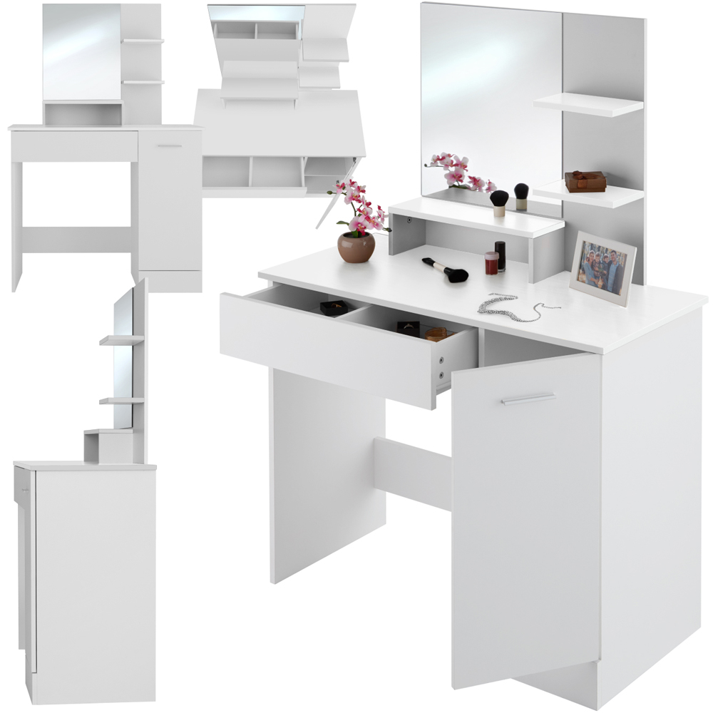 tectake Zoe Single Door Single Drawer White Dressing Table with Mirror Image 2