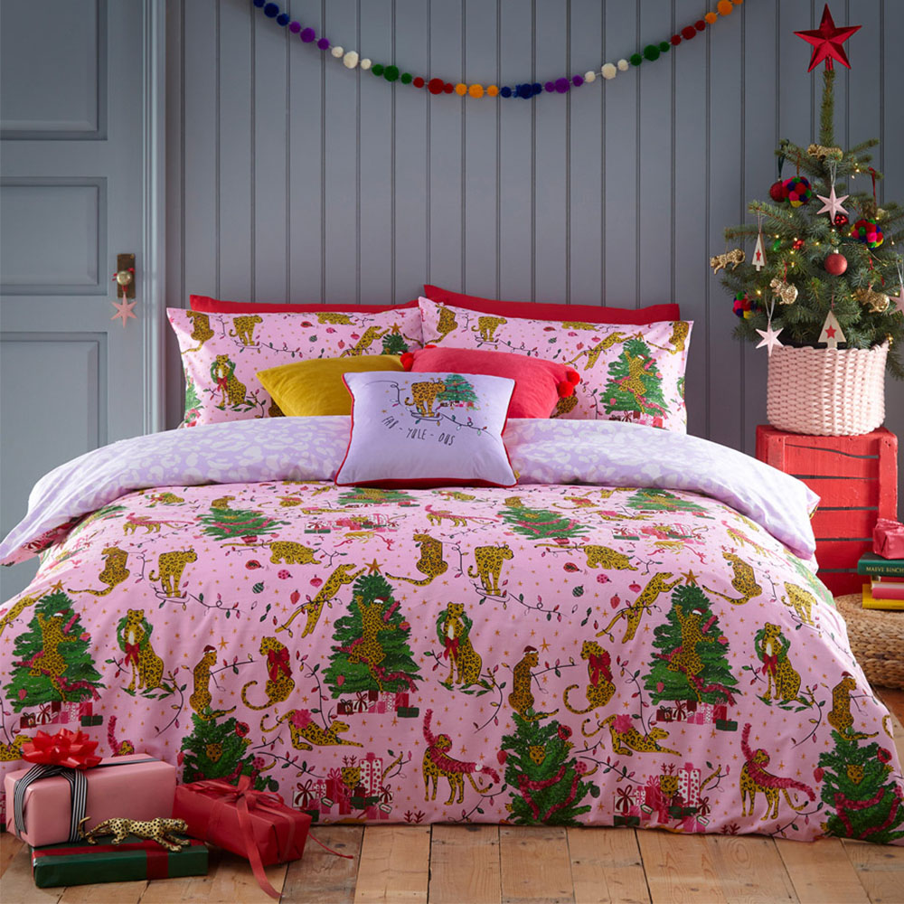 furn. Purrfect King Size Pink and Lilac Abstract Leopard Duvet Cover Set Image 1