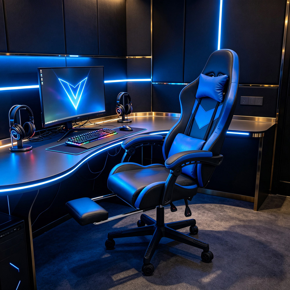 Living and Home Blue and Black Fabric Gaming Chair with Footrest Image 8