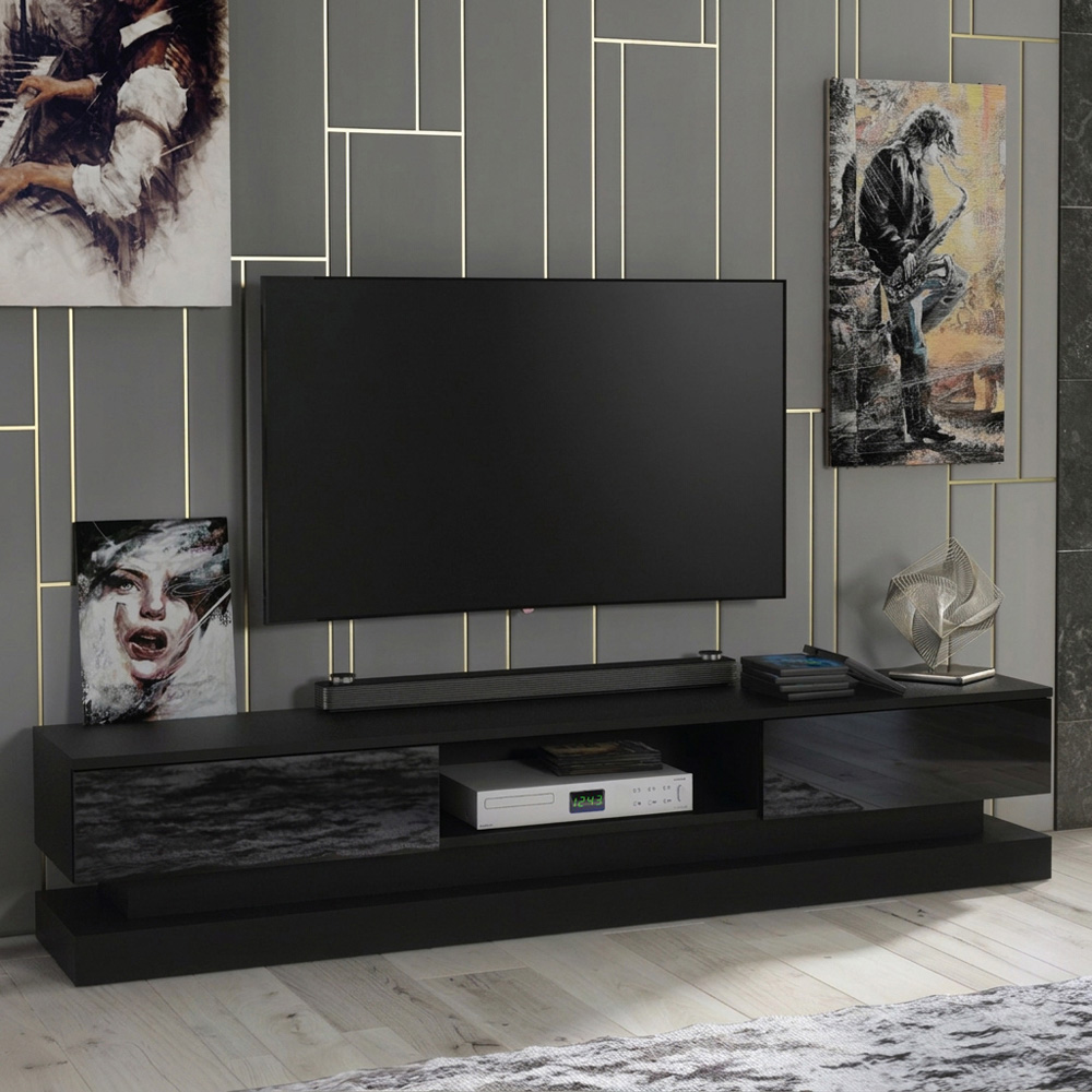 Creative Furniture Bloom Black and Black Gloss 2 Door Single Shelf TV Unit Image 4