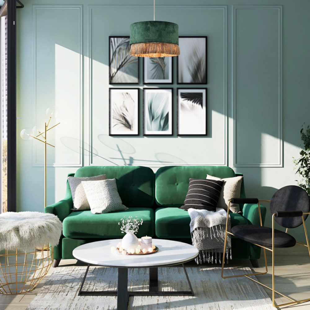 Happy Homewares Forest Green Soft Velvet Circular Gold Tassels Pendant Shade Image 2