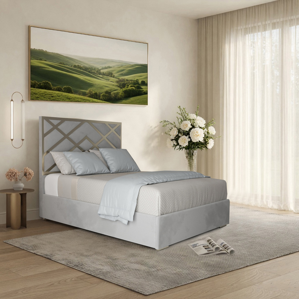 Mayfair Grey Single Velvet Upholstered Metal Bed Frame with Panelled Headboard Image 5