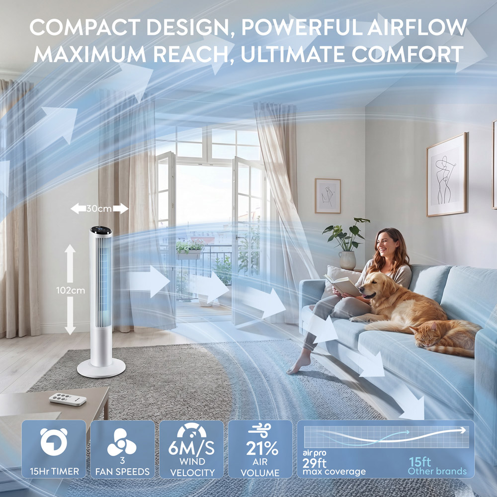 Air Pro White SmartVoice Control Oscillating Bladeless Mono Tower Fan with Remote 40 inch Image 9