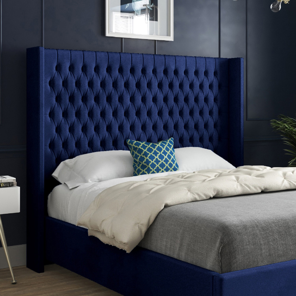 Volta Double Blue Soft Velvet Upholstered Bed Frame with Straight Winged Headboard Image 3