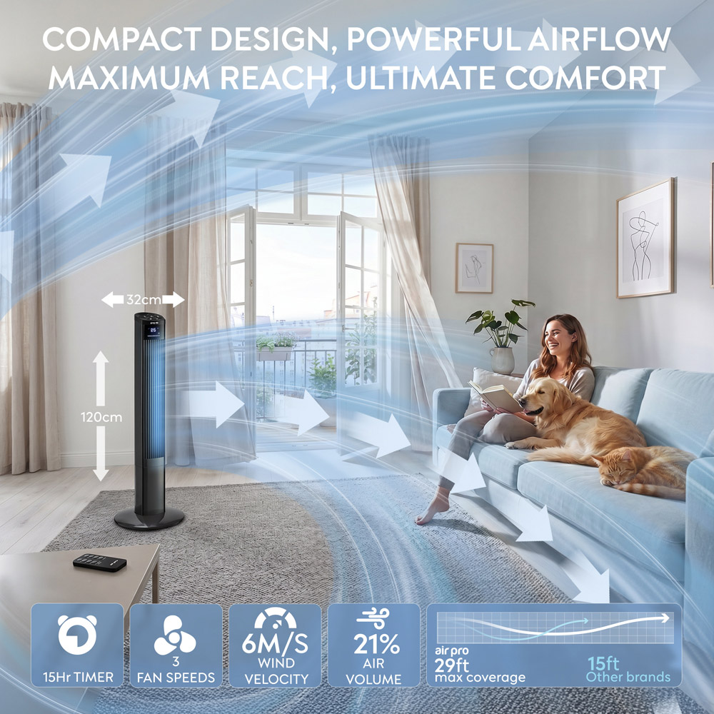 Air Pro Black Oscillating Bladeless Tower Fan with Remote 48 inch Image 9