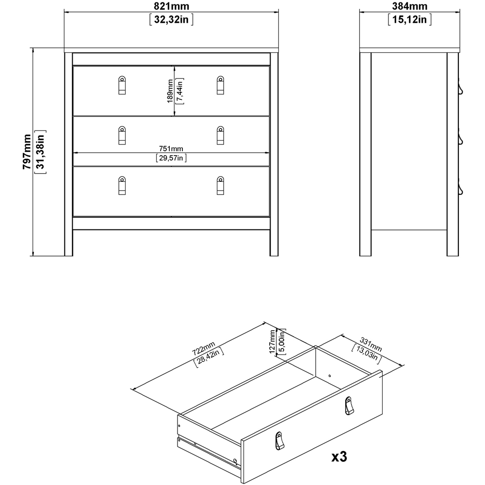 Florence Madrid 3 Drawer Matt Black Chest of Drawers Image 7