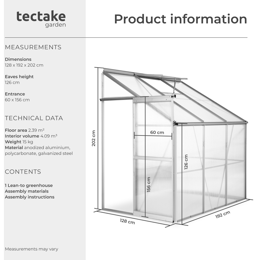 tectake Aluminium Frame Skylight 6.2 x 4ft Greenhouse with Lean-To and Sliding Door Image 9