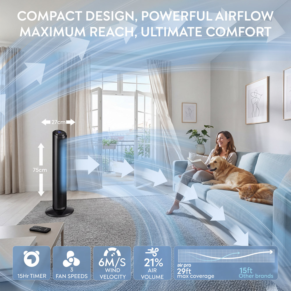 Air Pro Black SmartVoice Control Oscillating Bladeless Tower Fan with Remote 30 inch Image 9