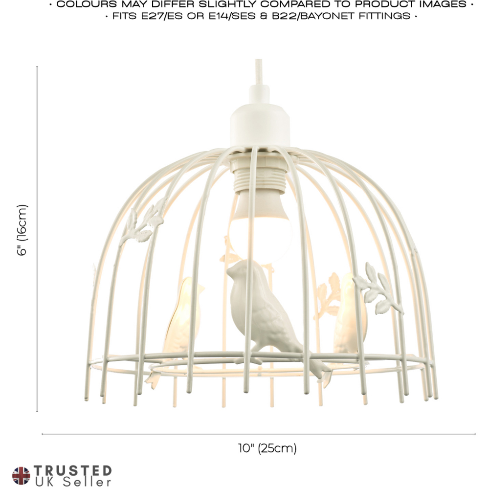Happy Homewares White Gloss Metal Birdcage Birds and Leaves Shabby Chic Pendant Shade Image 7