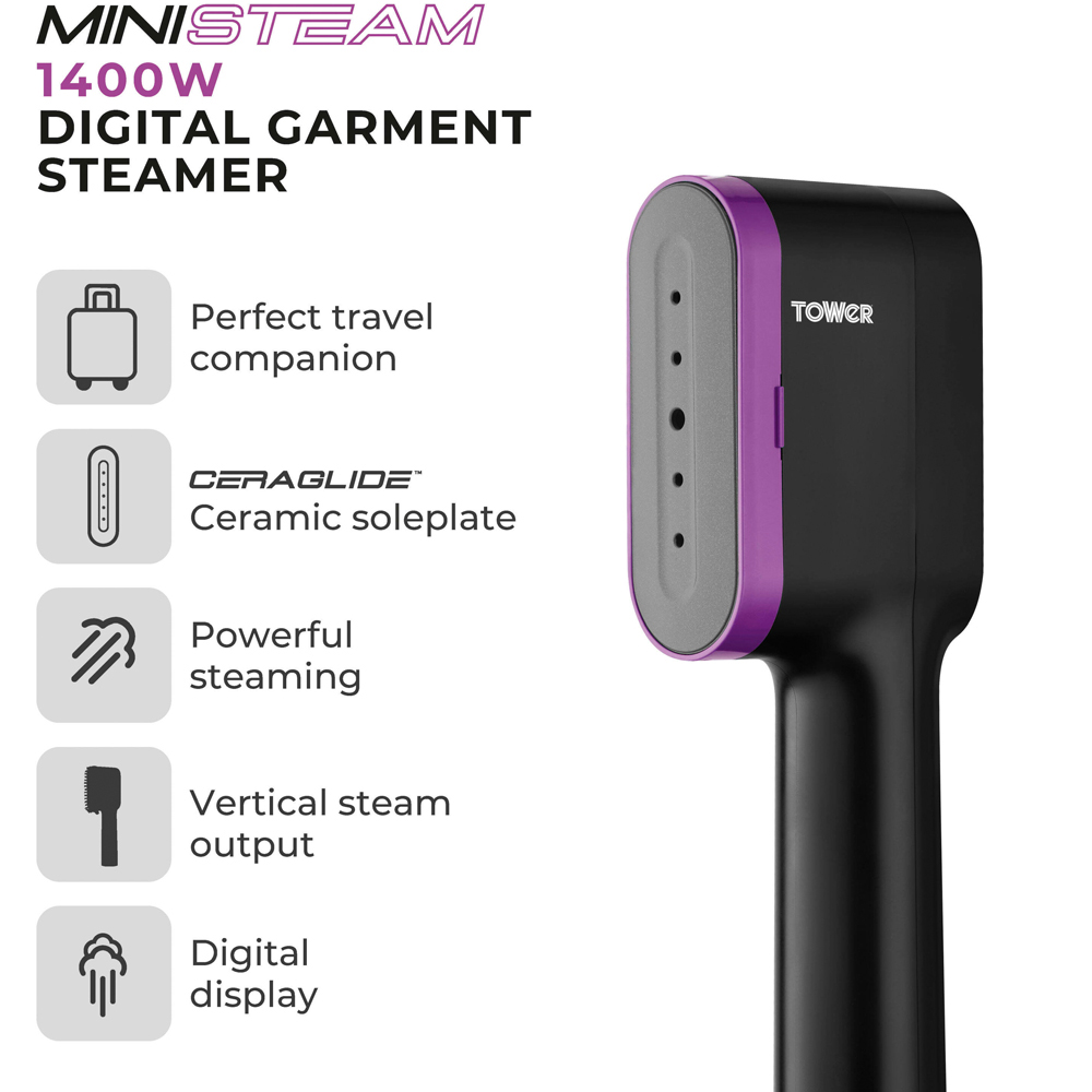 Tower Lilac and Black Digital Handheld Garment Steamer Image 3