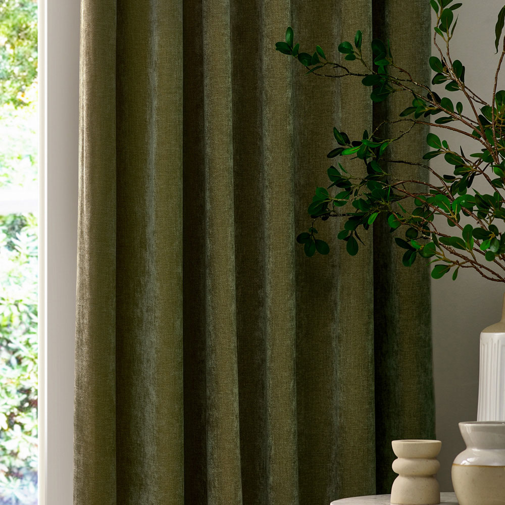 Yard Heavy Olive Chenille Velvet Pencil Pleat Curtains 168 x 183cm Image 2
