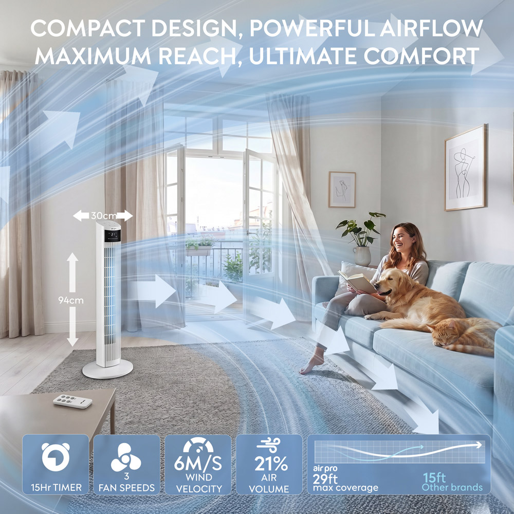 Air Pro White Oscillating Bladeless Tower Fan with Remote 36 inch Image 9