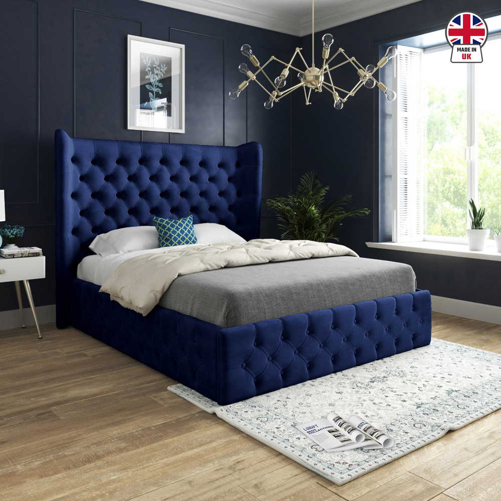 Florence Blue Small Double Velvet Upholstered Bed Frame with Wide Winged Chesterfield Headboard Image 6