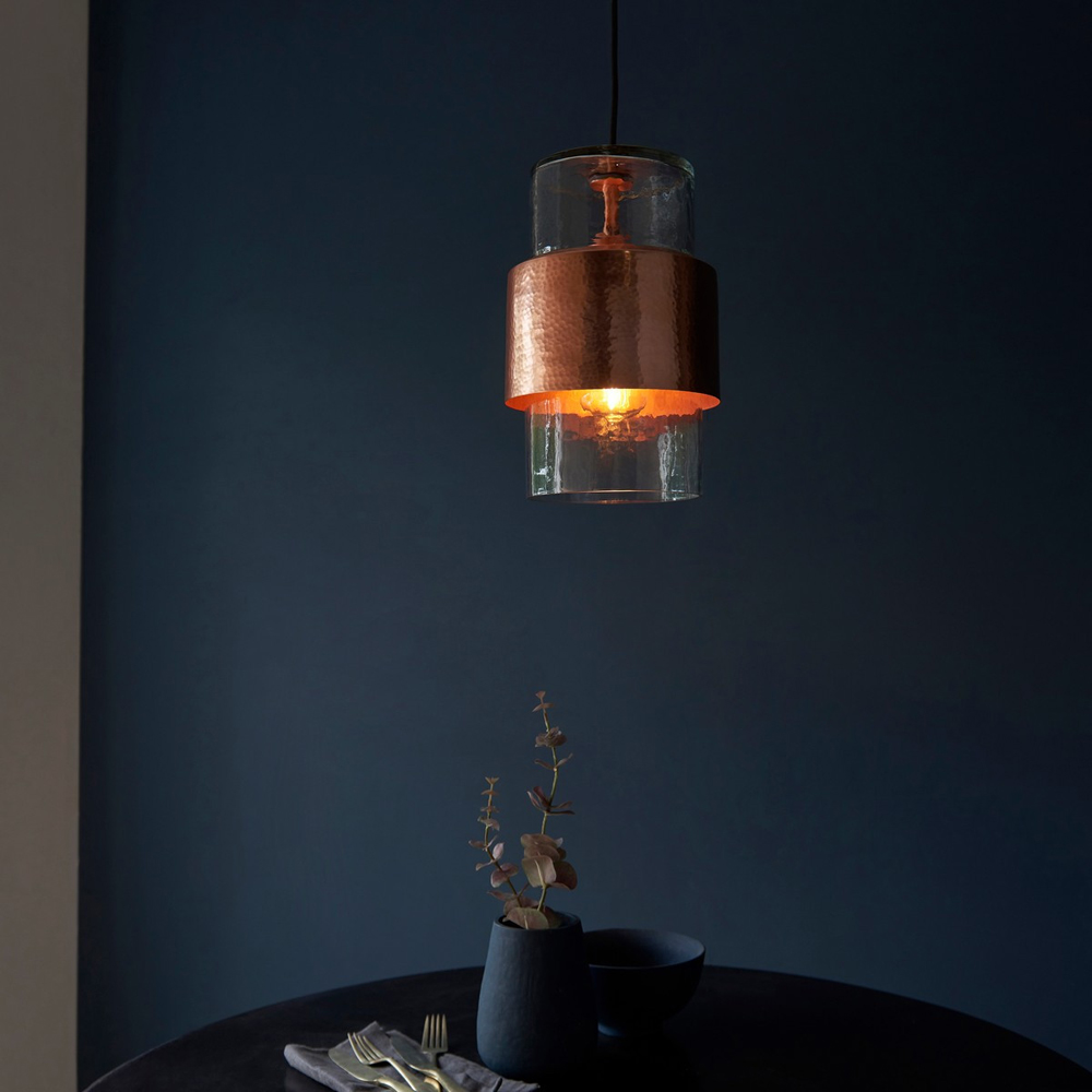 Merano Palermo Hammered Copper Plate with Textured Clear Glass Pendant Ceiling Light Image 6