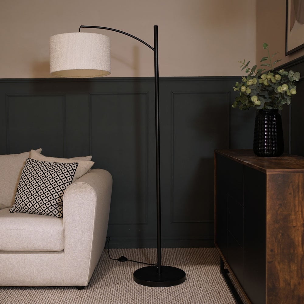 ValueLights Preto Black and Cream Boucle Shade Metal LED Floor Lamp Image 2
