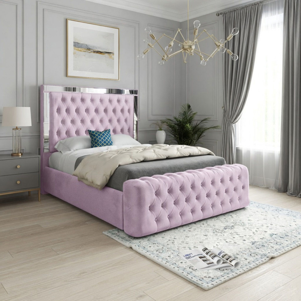 Marino Pink King Size Velvet Upholstered Bed Frame with Mirrored Headboard Image 5