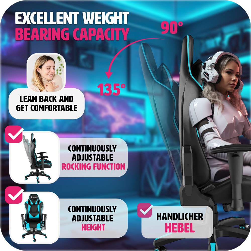 tectake Stealth Black and Azure Gaming Chair Image 5