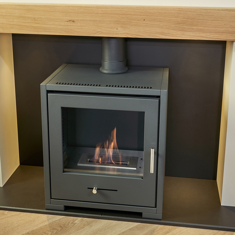 Acantha Pre-Built Media Wall 2 with TV Recess and Charcoal Grey Bio-Ethanol Stove Image 4