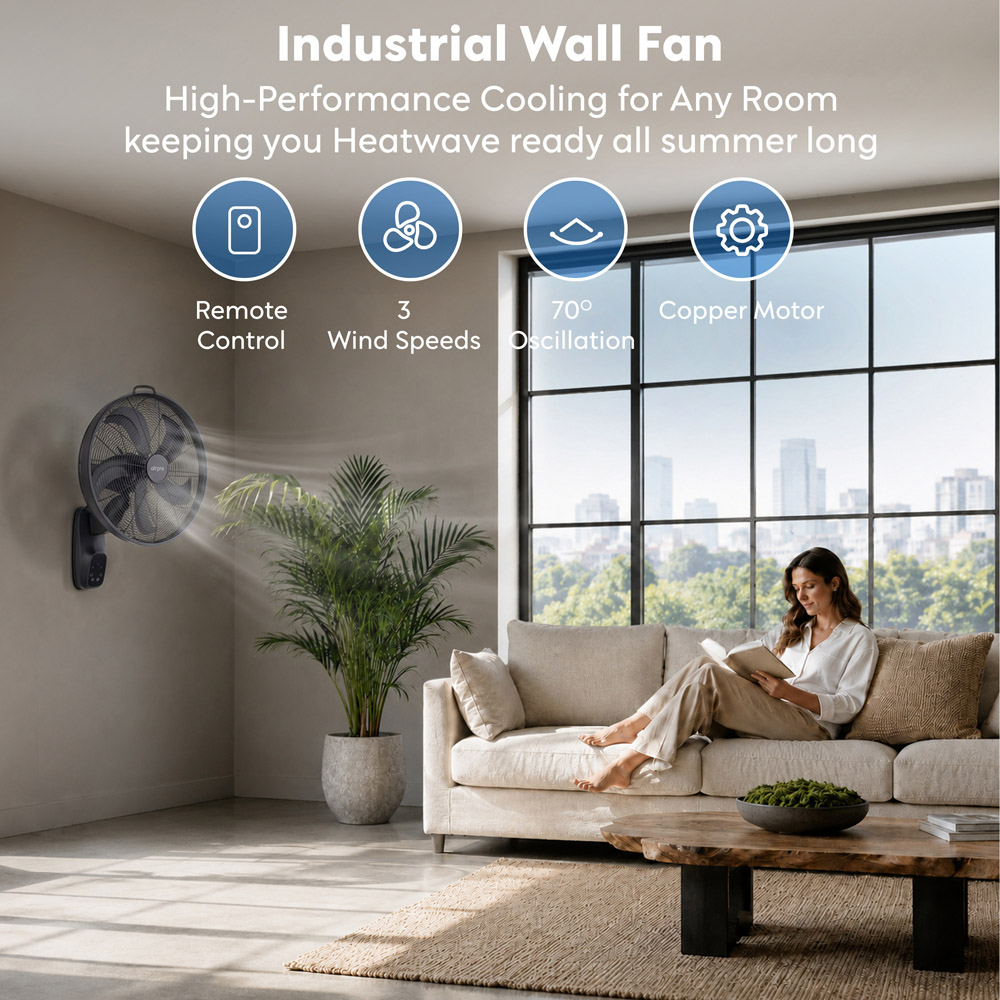 Air Pro Black Adjustable Wall Mounted Electric Fan with Remote 16 inch Image 2