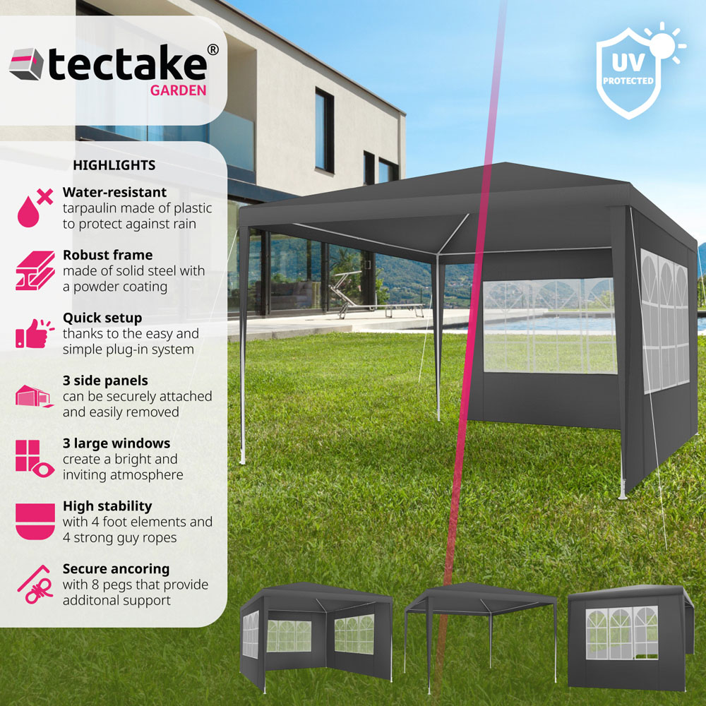 tectake Baraban 3 x 3m Grey Gazebo with 3 Side Panels Image 6