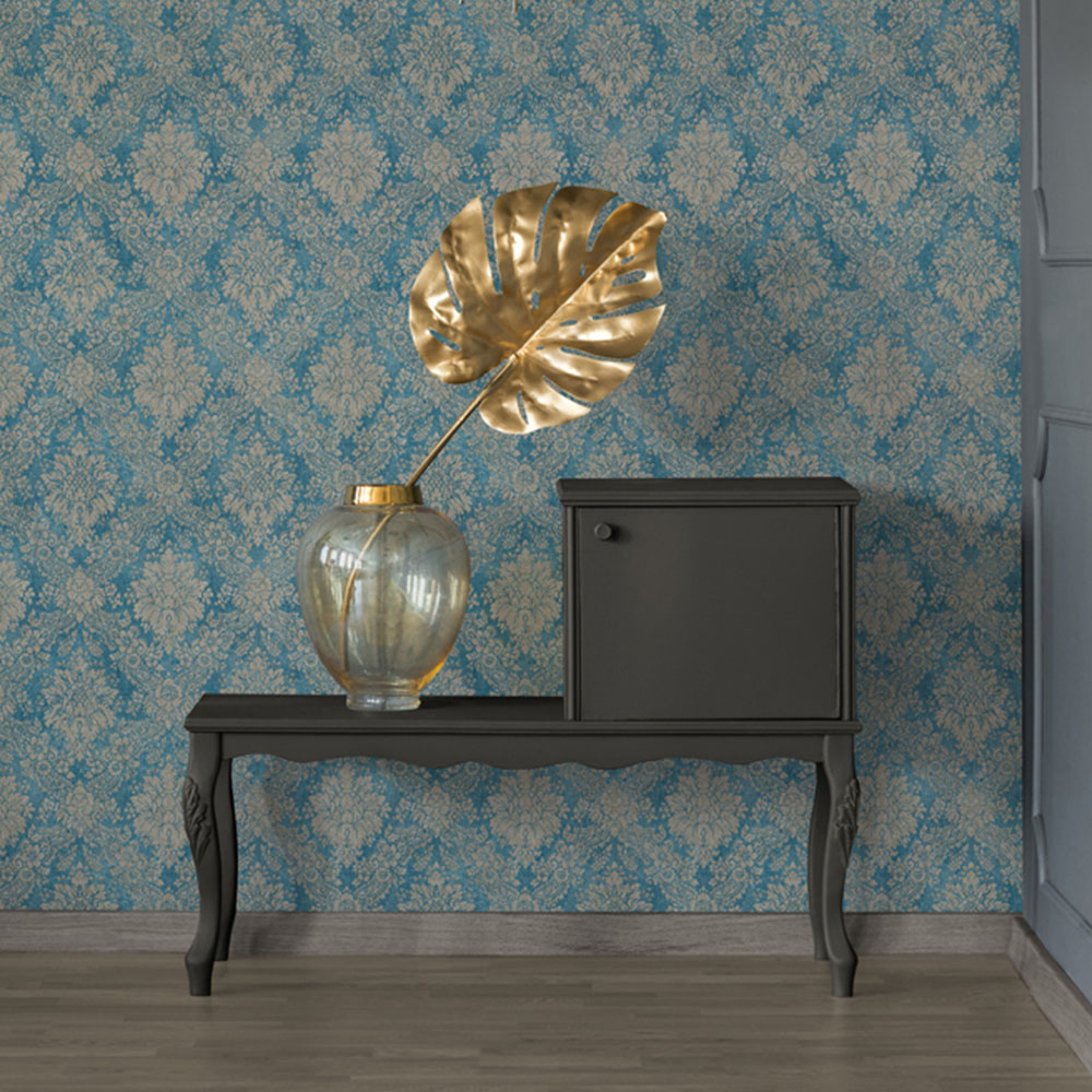 A.S Creation Damask Teal Turquoise and Beige Non-Woven Wallpaper Image 4