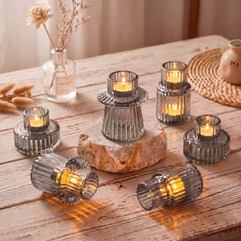 Living and Home Transparent Black Striped Glass Candle Holder Set of 6 Image 2