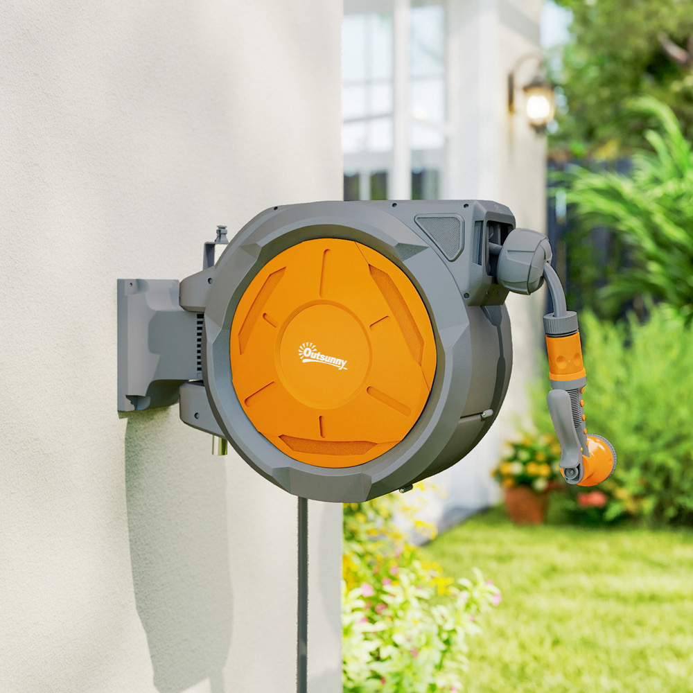 Outsunny Orange Wall Mounted Retractable Hose Reel with Lock Image 3