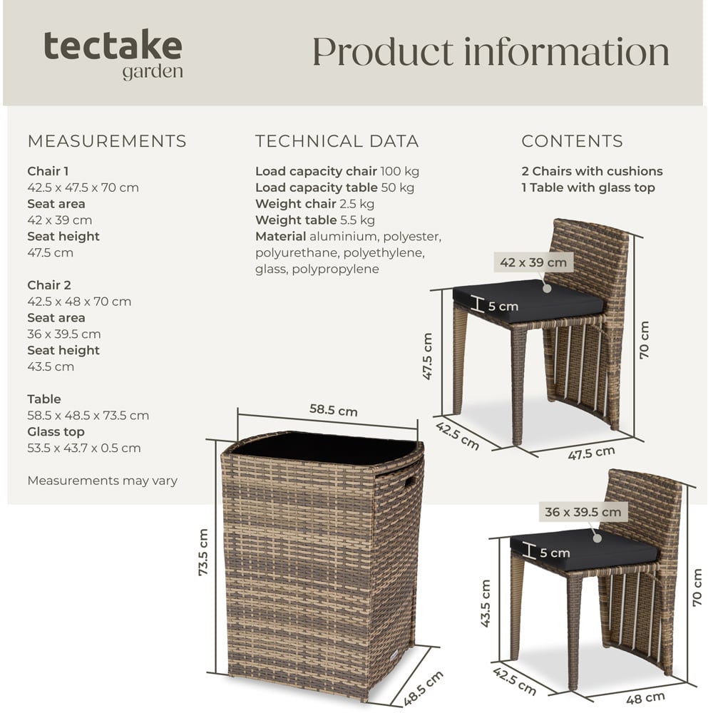 tectake Hamburg 2 Seater Rattan Garden Bistro Set Natural Image 9