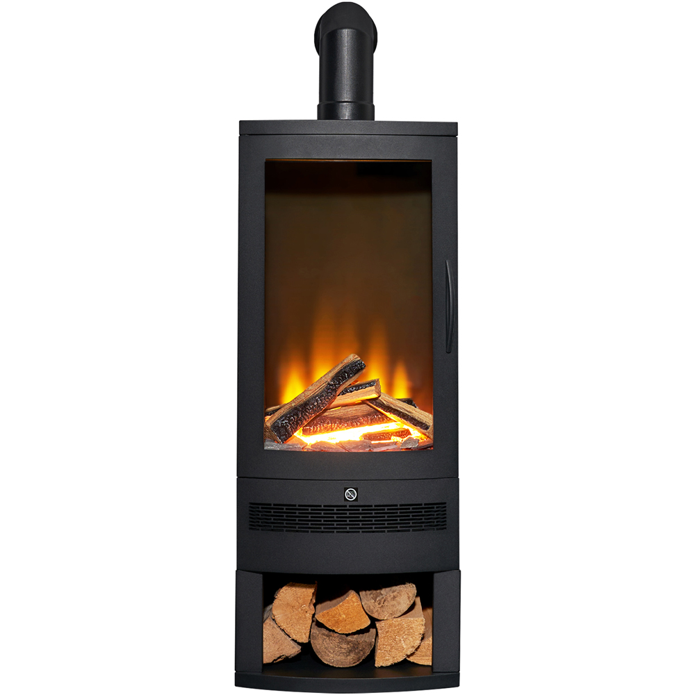 Acantha Horizon Black Electric Stove with Log Storage and Angled Stove Pipe Image 3