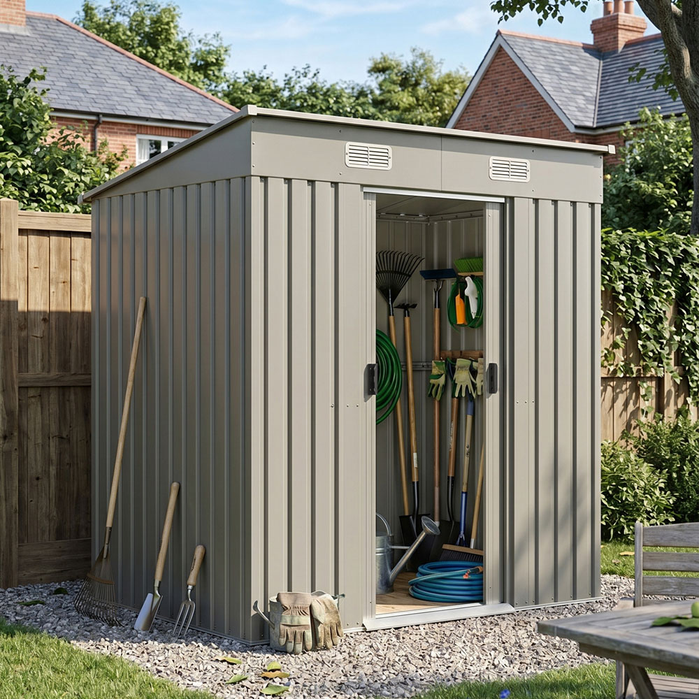 Living and Home 4 x 6ft Grey Metal Pent Garden Tool Shed Image 3