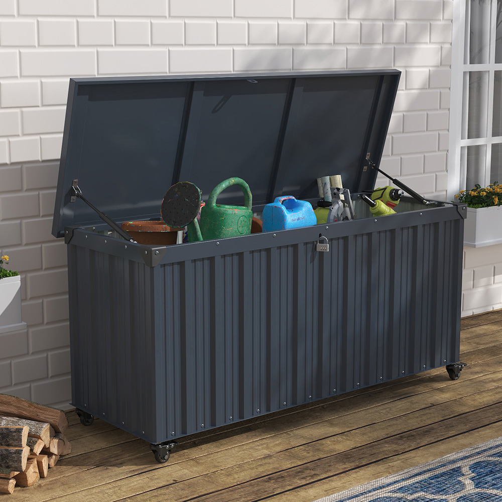 Living and Home Anthracite Waterproof Large Lockable Metal Storage Box with Wheels 550L Image 7