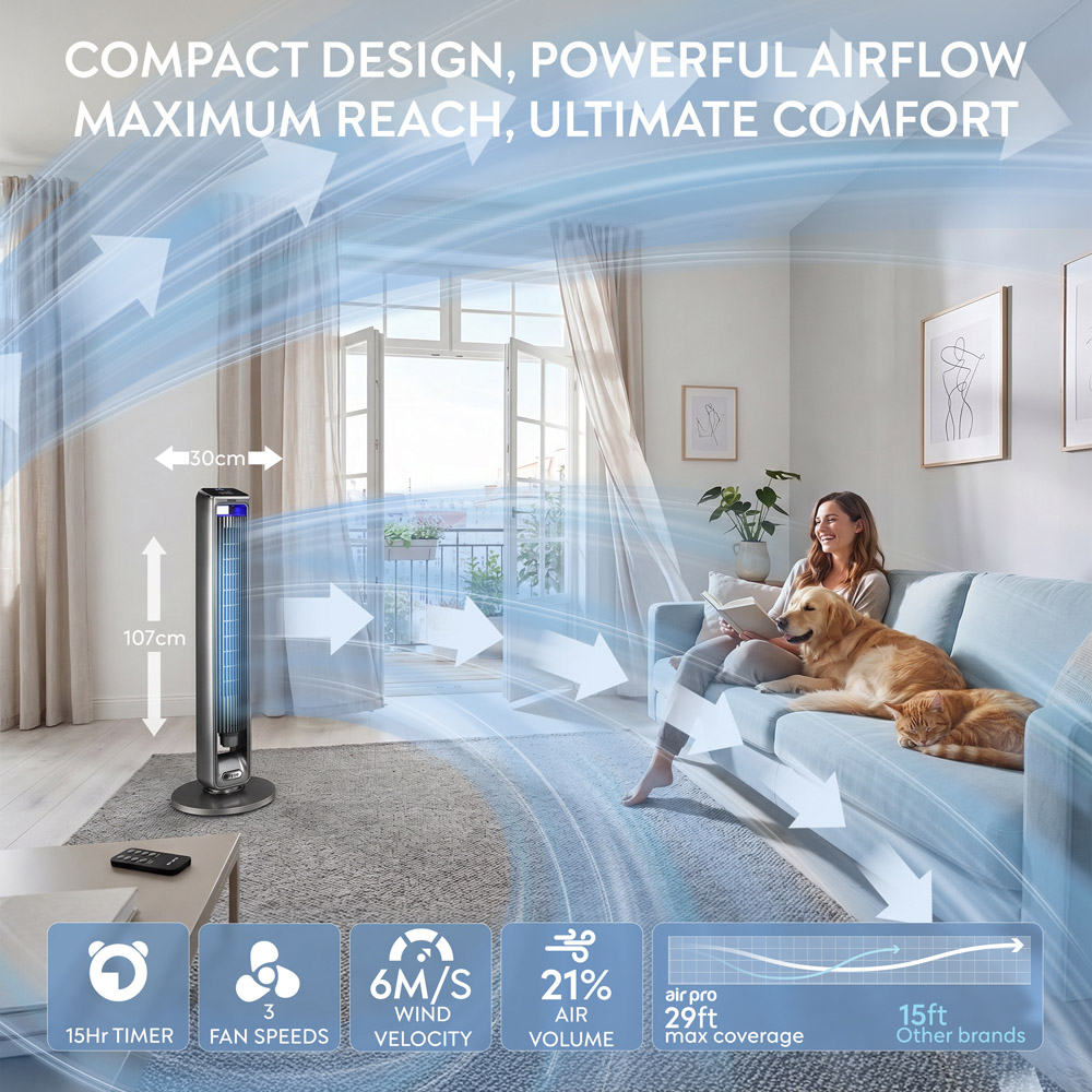Air Pro Grey SmartVoice Control Oscillating Bladeless Tower Fan with Remote and Built-in Aroma Box 42 inch Image 9