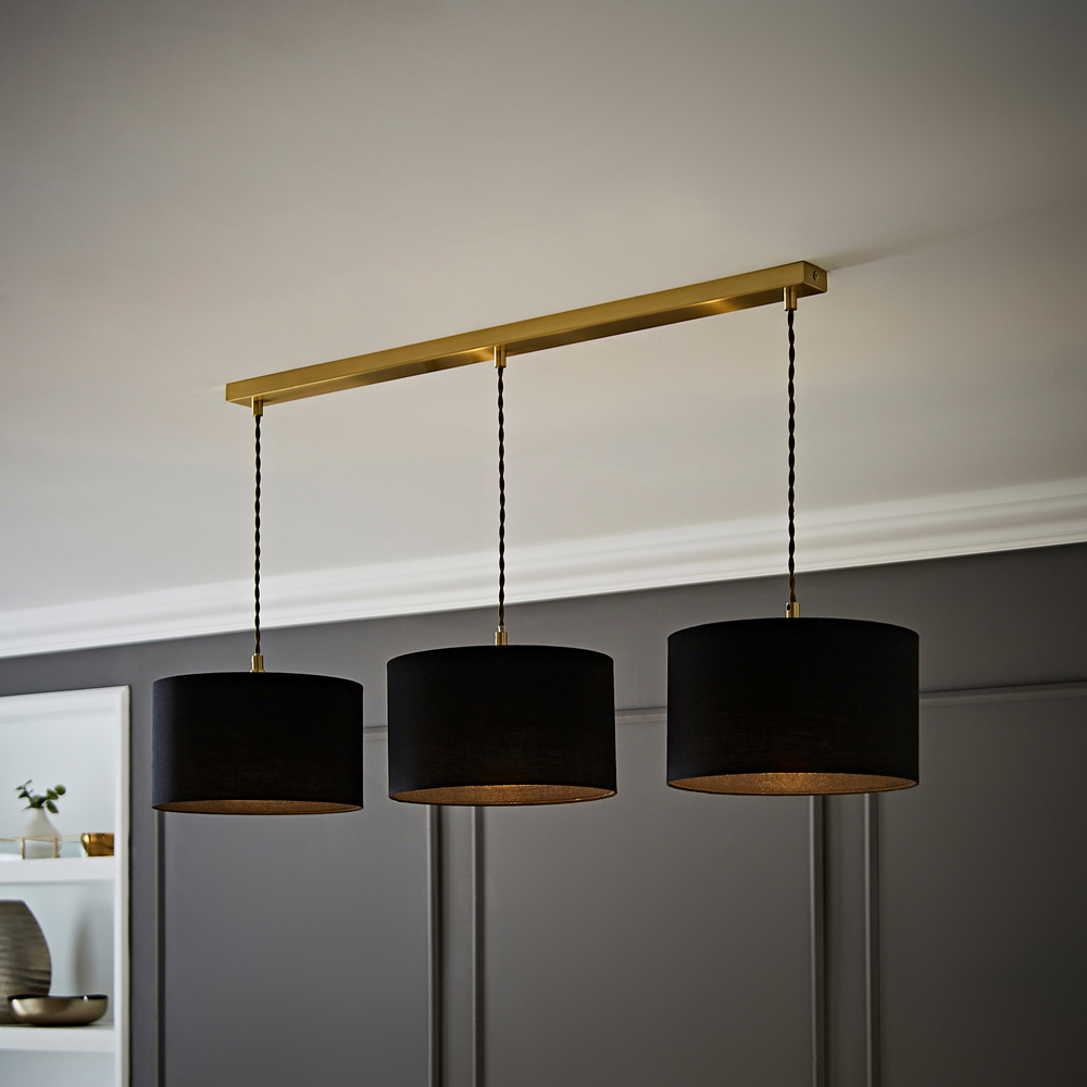 ValueLights Reni Black Drum Shade 3 Drop Bar Gold Diner LED Ceiling Pendant Light Image 2