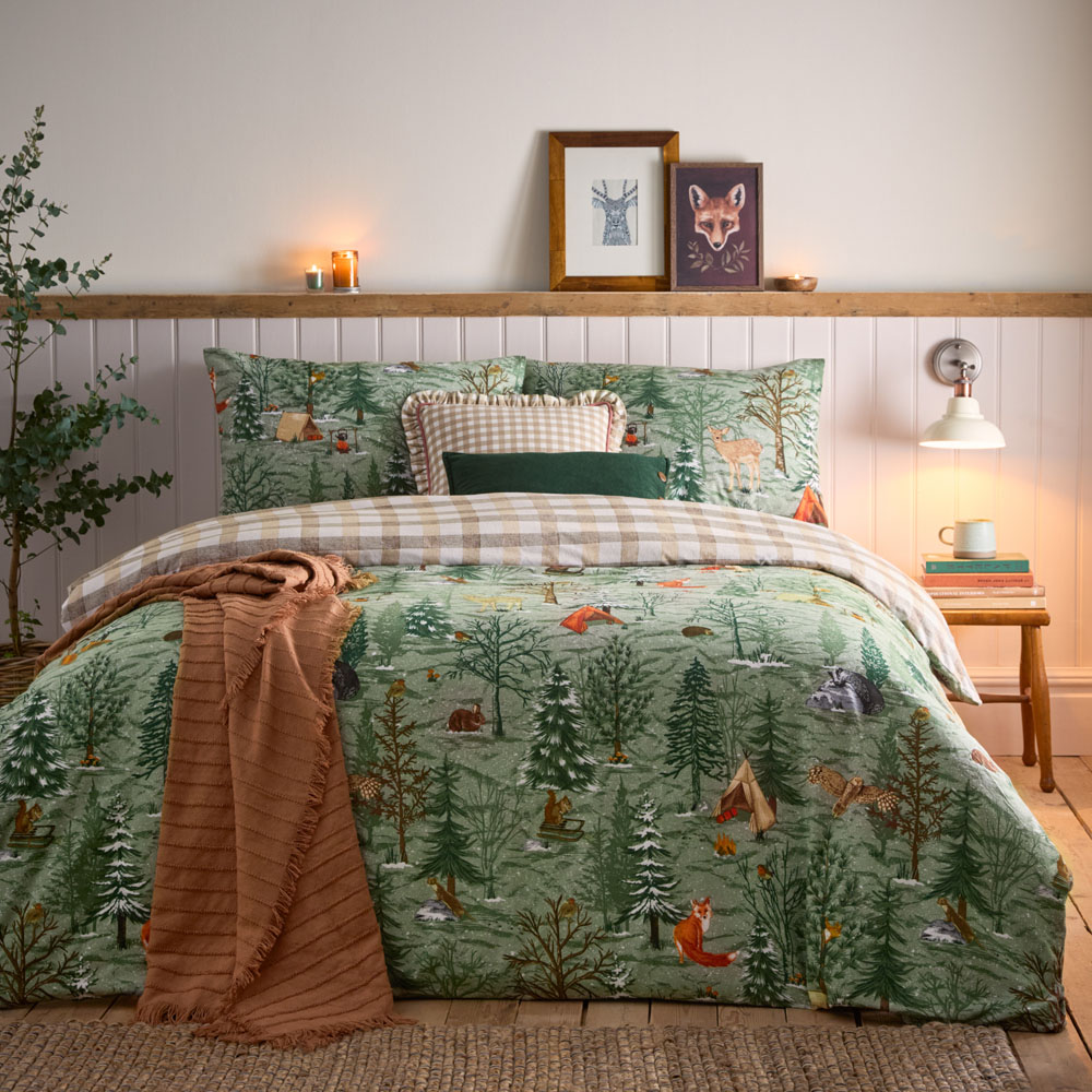 furn. Lodge Wood King Size Oak Green Cotton Duvet Set Image 4