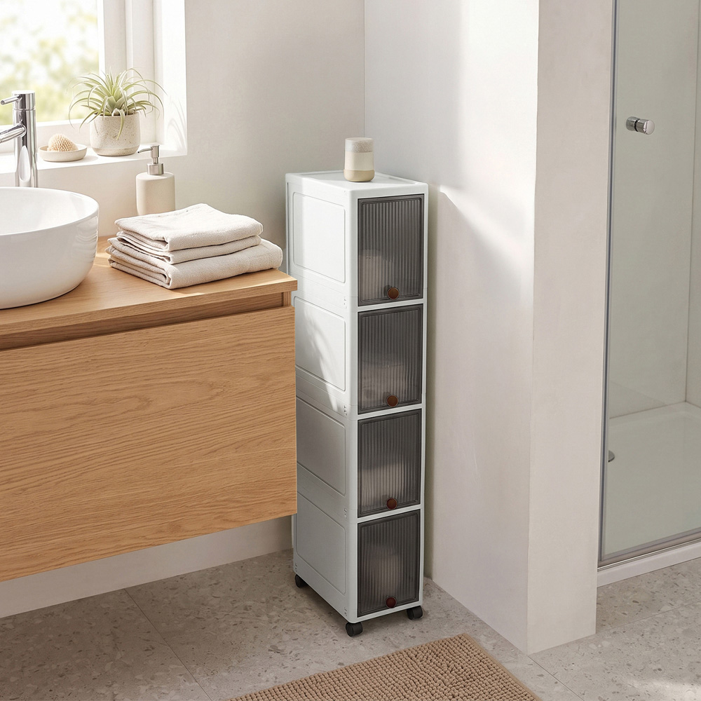 Living and Home 4 Shelf Grey Plastic Transparent Slim Storage Cabinet with Wheels Image 2