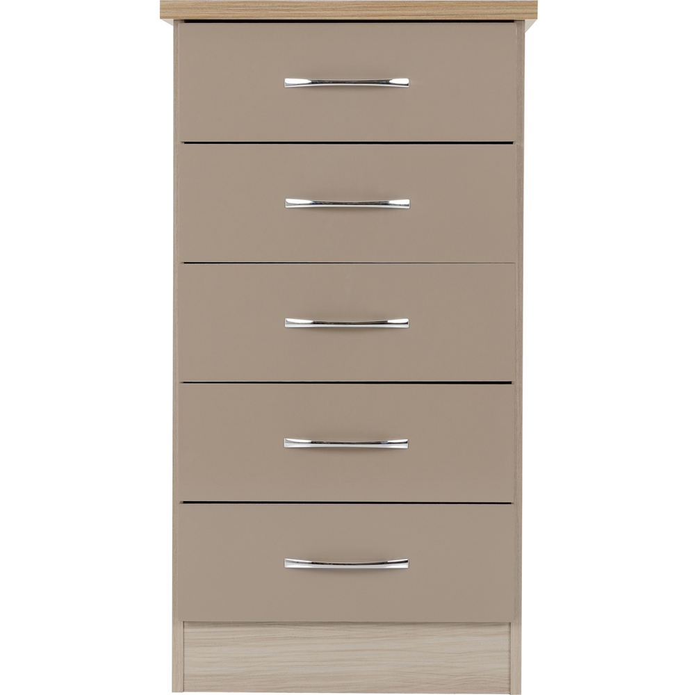 Seconique Nevada 5 Drawer Oyster Gloss Light Oak Effect Veneer Narrow Chest of Drawers Image 3