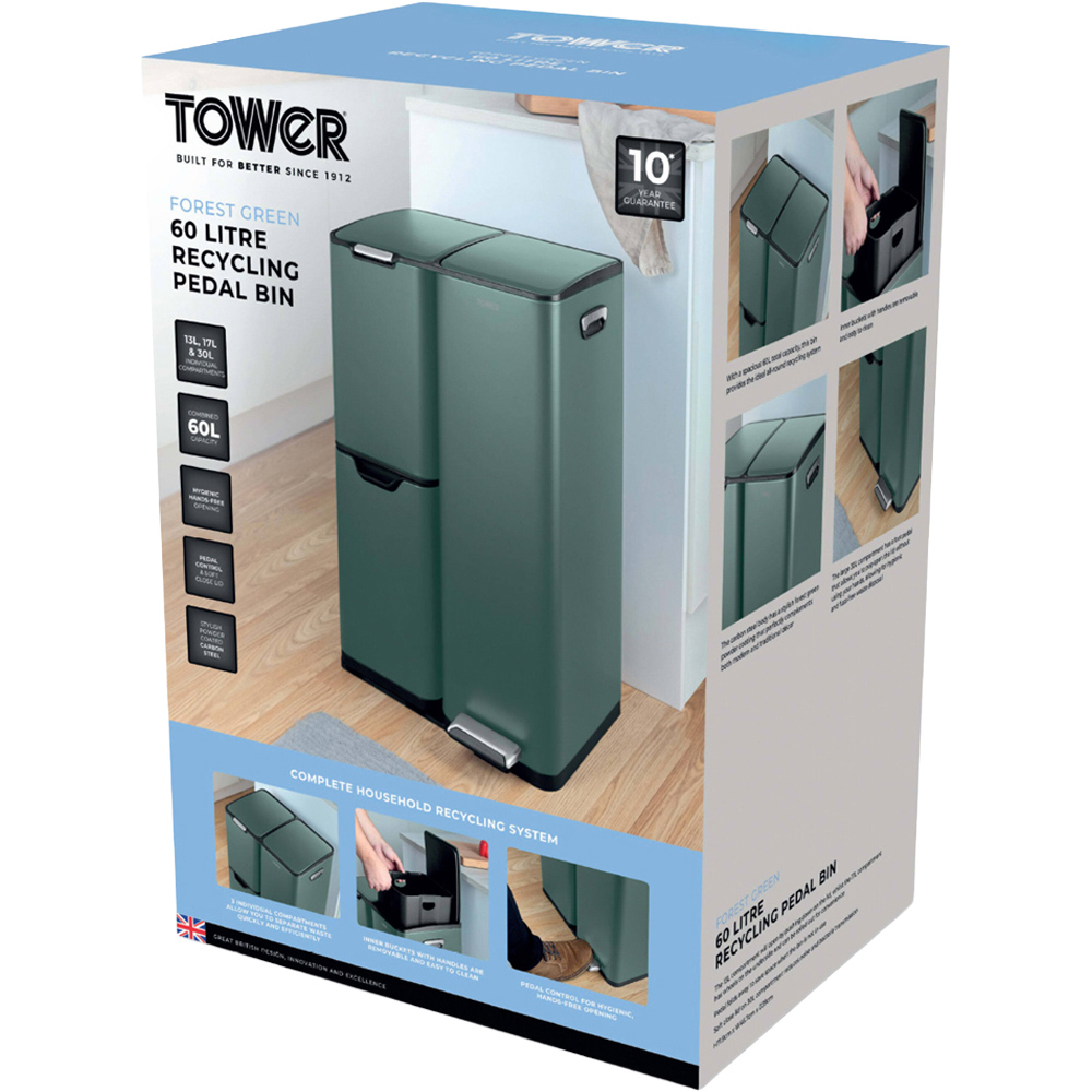 Tower Triple Recycling Green Pedal Bin 60L Image 2