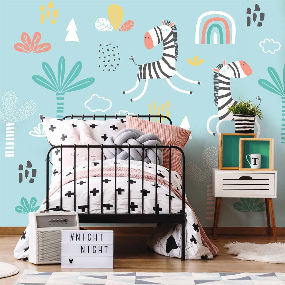 Origin Murals Dancing Zebras Blue Wall Mural Image 1