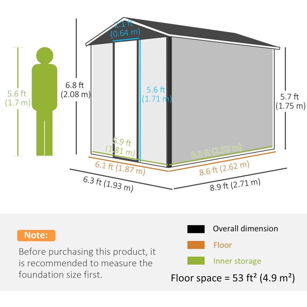 Outsunny 9 x 6ft Dark Grey Storage Metal Shed Image 8