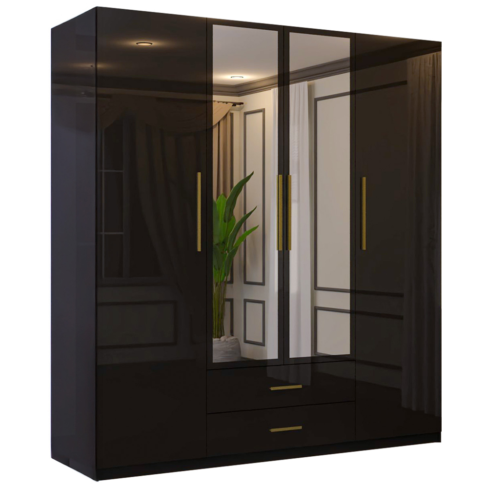 Sliding Wardrobes 4U XD1 4 Door 2 Drawer Black High Gloss Gold Handle Mirror Wardrobe Image 2