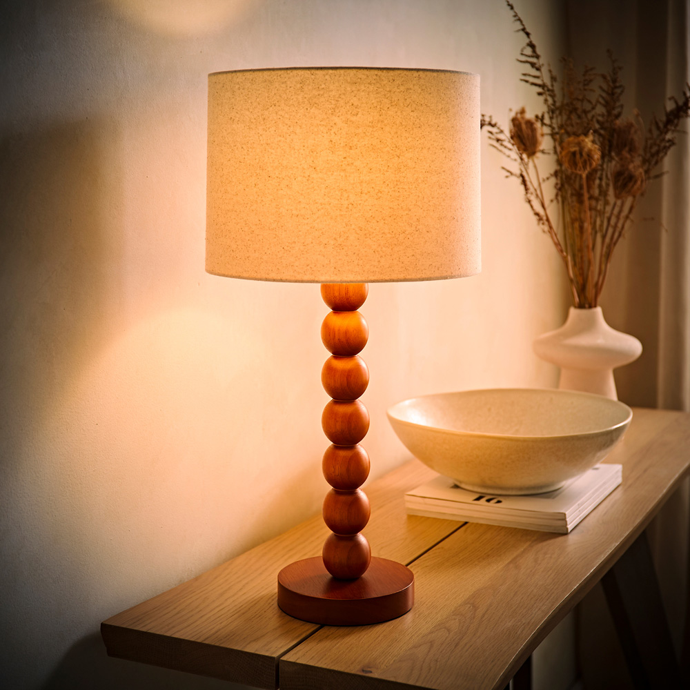 ValueLights Wyatt Natural Linen Drum Lamp Shade Walnut Wood Bobbin LED Table Lamp Image 6
