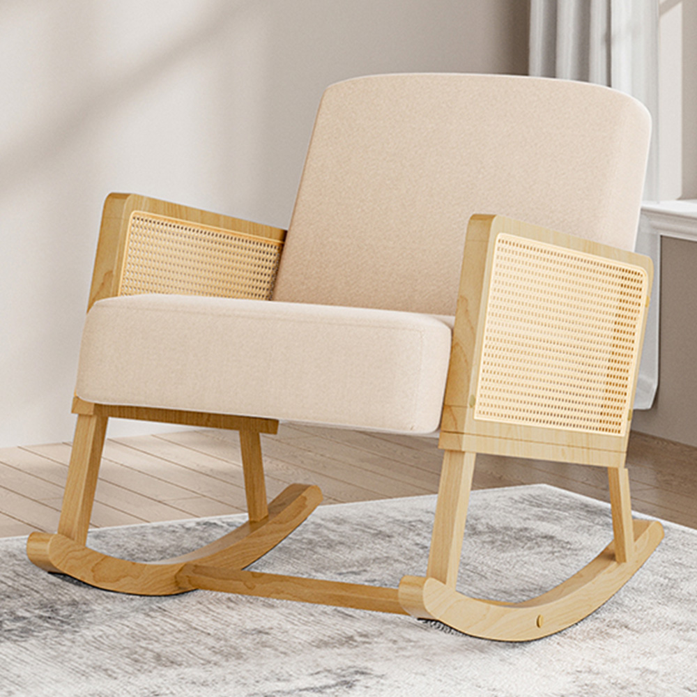 Living and Home Cream Linen Wooden Rocking Chair Image 1