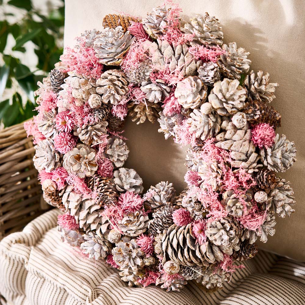 Dibor Pink Winter Sparkle Artificial Christmas Wreath with Pinecones 39cm Image 2